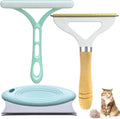 Three pet hair removal tools: metal lint remover, silicone brush and round cleaner with beech wood handle