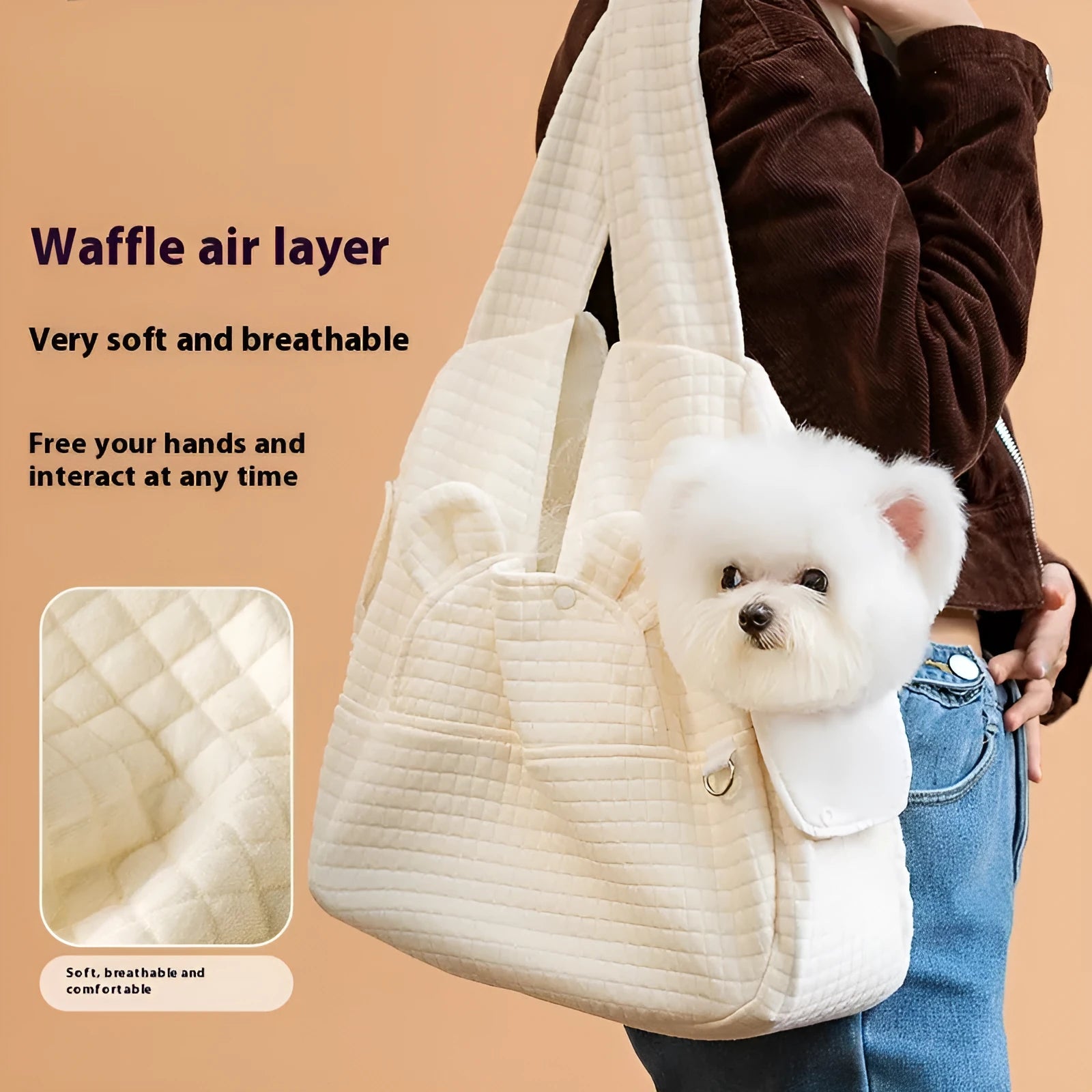 Grey quilted cross-chest pet diaper backpack for small dogs and cats, shown with dimensions.