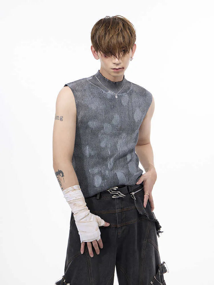 Men's black silver pastebrushing sleeveless stretch turtleneck t-shirt with stand collar