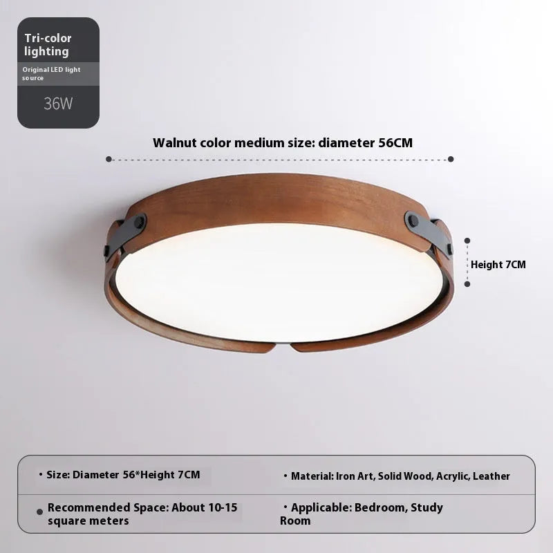 Japanese-style wooden ceiling lamp with a white PMMA shade, shown in a warm light setting.