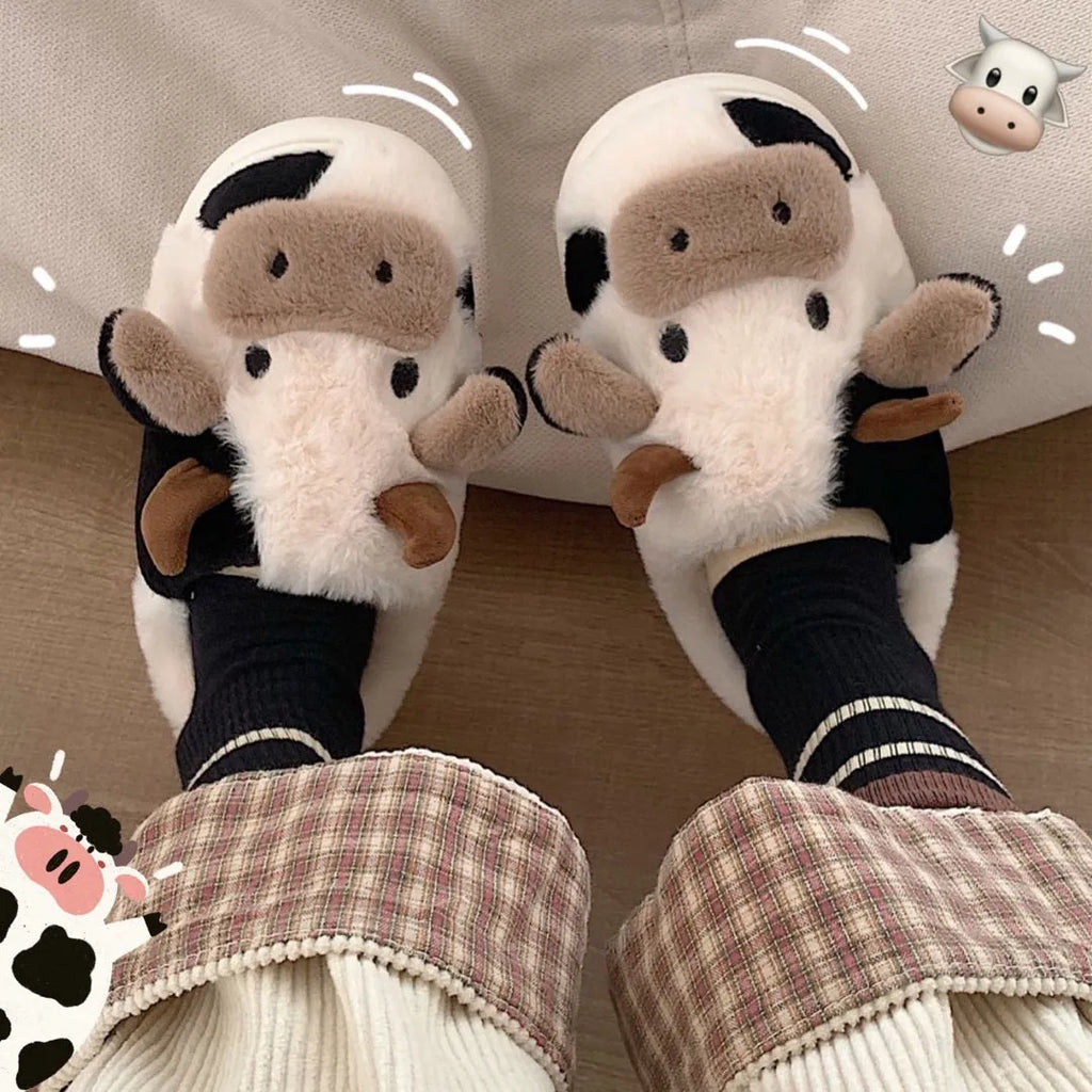 Women's cow slippers with faux fur upper, non-slip PVC sole, and plush lining in white colour