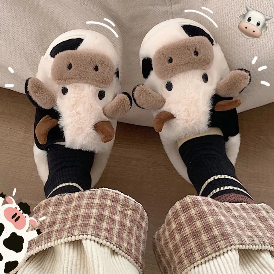 Women's cow slippers with faux fur upper, non-slip PVC sole, and plush lining in white colour
