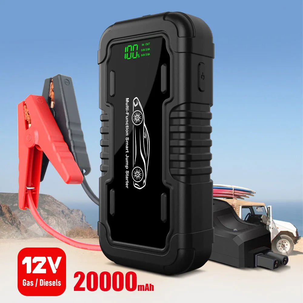 20000mAh car jump starter power supply with LED lighting, Type-C cable, and electric clamp bottles.