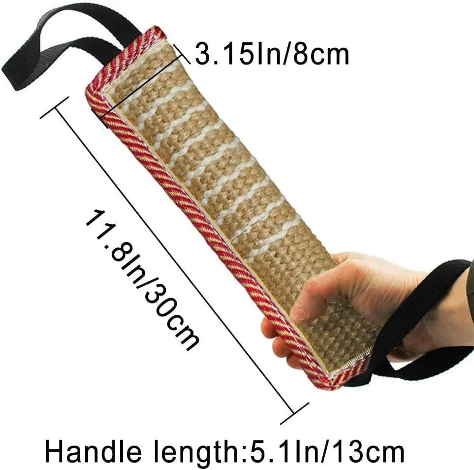 Beige dog tug toy with jute biting sleeve and two handles, measuring 30cm in length