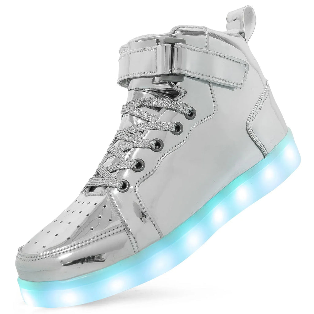 LED high-top shoes with illuminated soles in black colour showing Velcro fastening and rubber sole