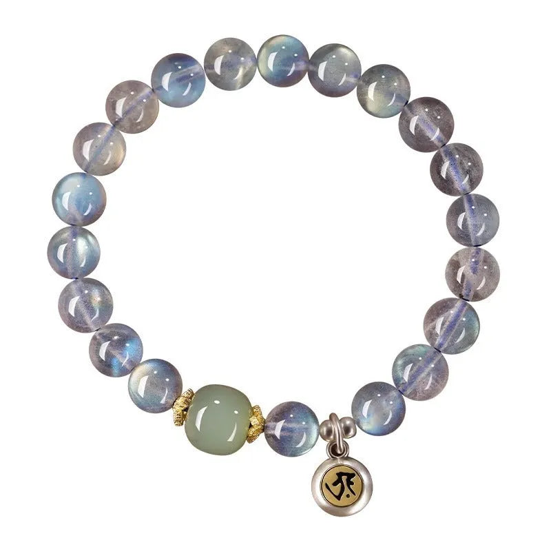 Women's bracelet with 8mm moonstone bead and electroplated Thousand-Hand Kwan-yin mouse charm.