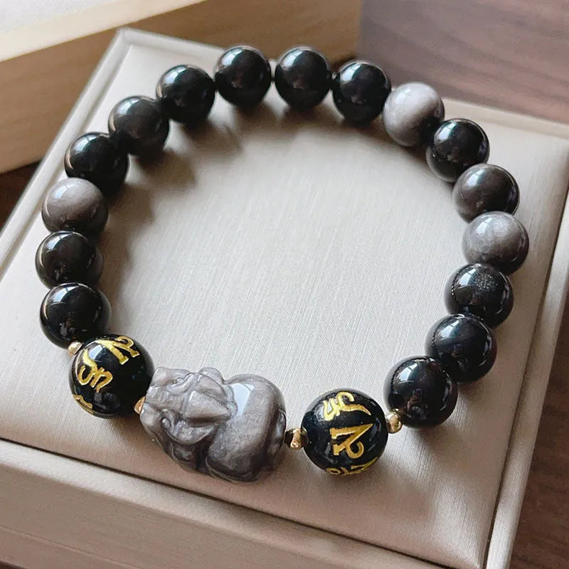 Men's silver stone bracelet with zodiac engravings and beaded design in Chinese style