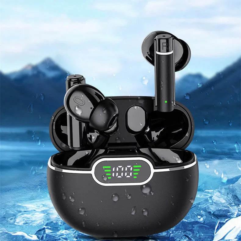 Black wireless Bluetooth earbuds with digital display charging case, 13mm drivers and IPX5 waterproof rating.