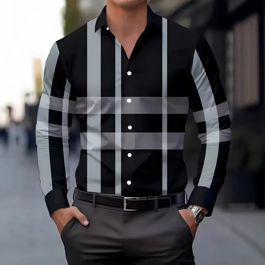 Men's printed long sleeve button-up shirt with a lapel collar.