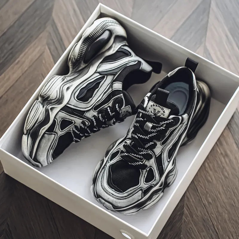 Men's black mesh sneakers with 3-5cm platform sole, round toe, and front lace-up design for sports