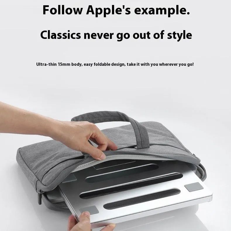 Aluminium alloy folding riser for notebooks, showing 18 mm height and compact 270 x 210 mm size