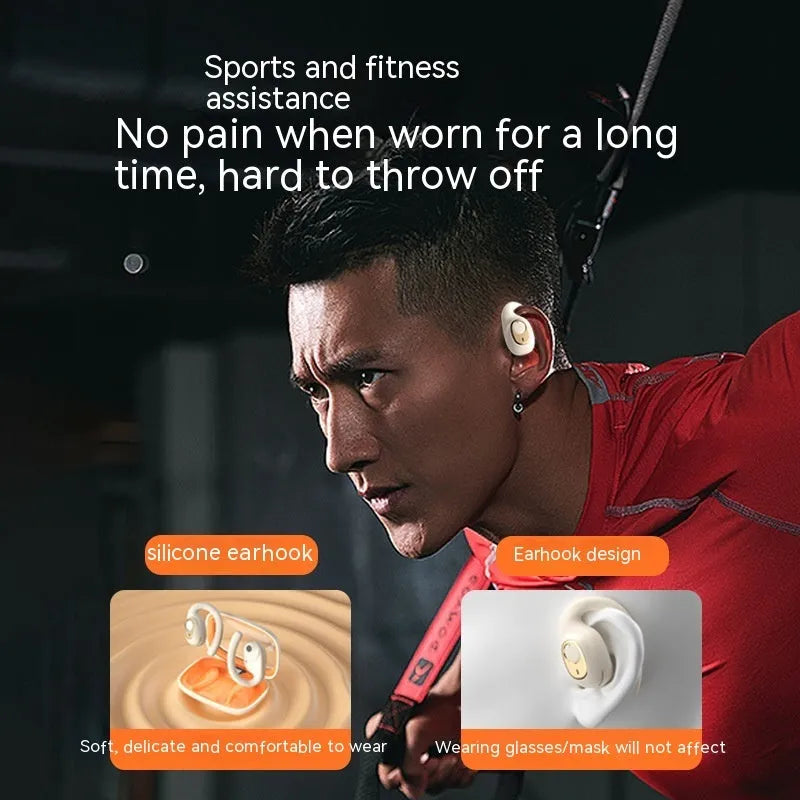 Bluetooth sports headset with ear hook, digital display, black or ivory white, silicone plastic.