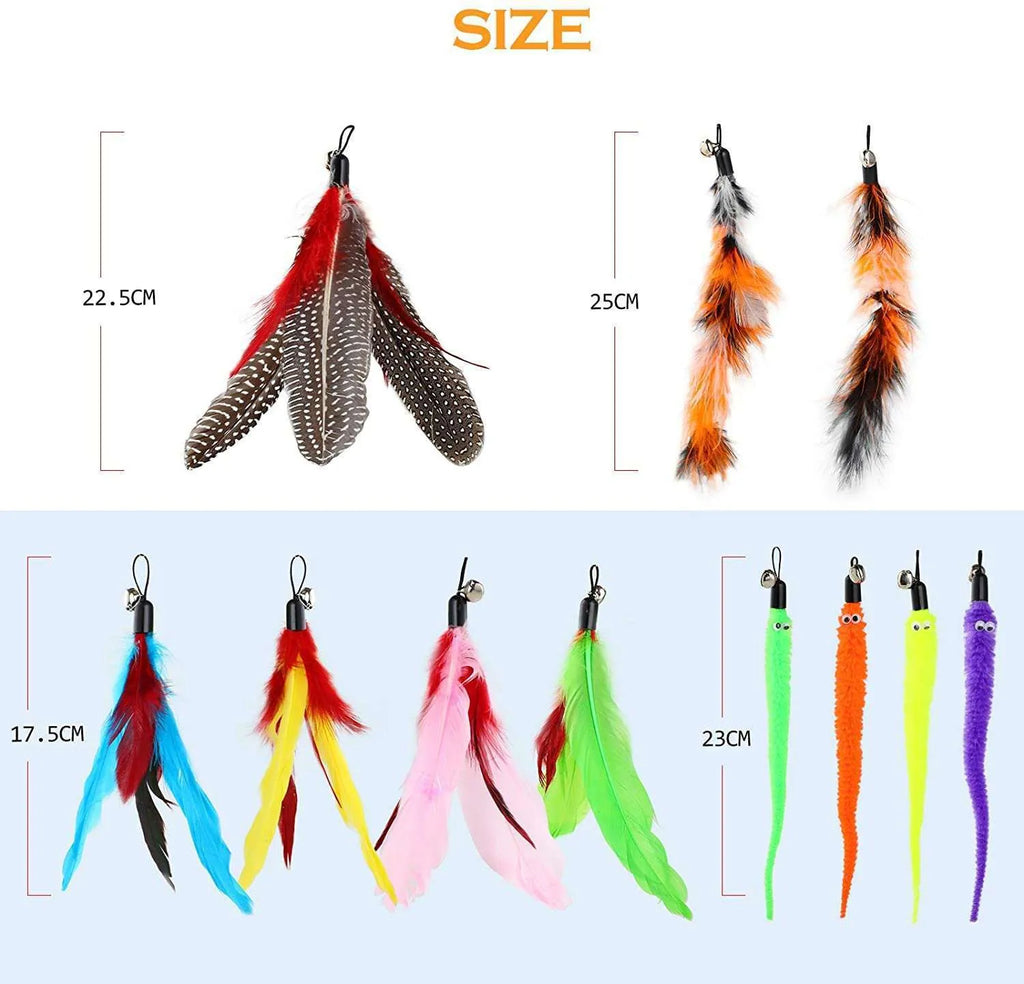 Cat teasing pole set with two 60cm fishing rods and ten feather attachment heads for interactive play