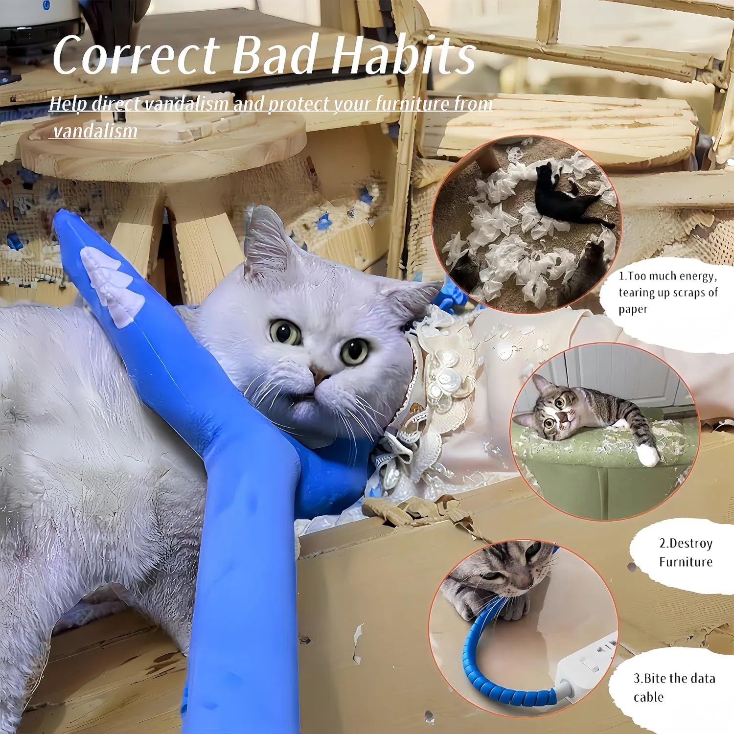 Blue plush cat wand toy with 70cm length shown during interactive play with cat