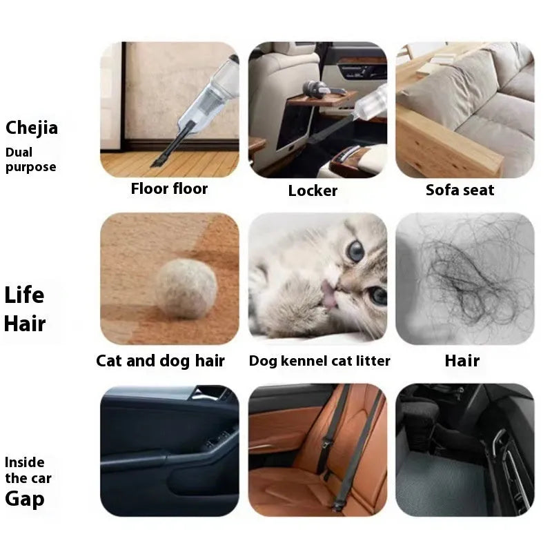 Black handheld portable cordless car vacuum cleaner with USB charging cable.
