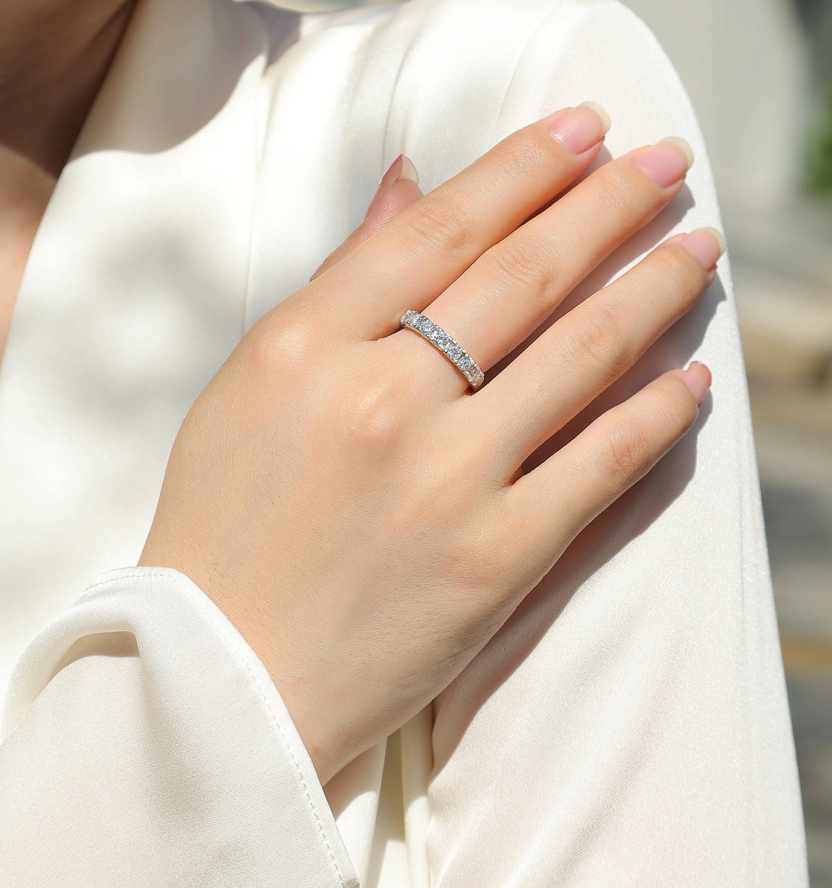 Lucky wedding ring set with 0.1 carat moissanite, S925 silver platinum plated, sizes 5 to 9, gift box