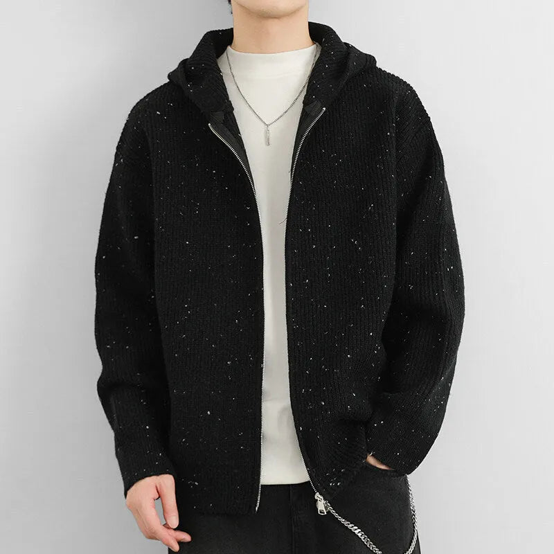 Hooded thickened cardigan sweater, loose fit, in black, blue, or apricot, sizes M to XXXL