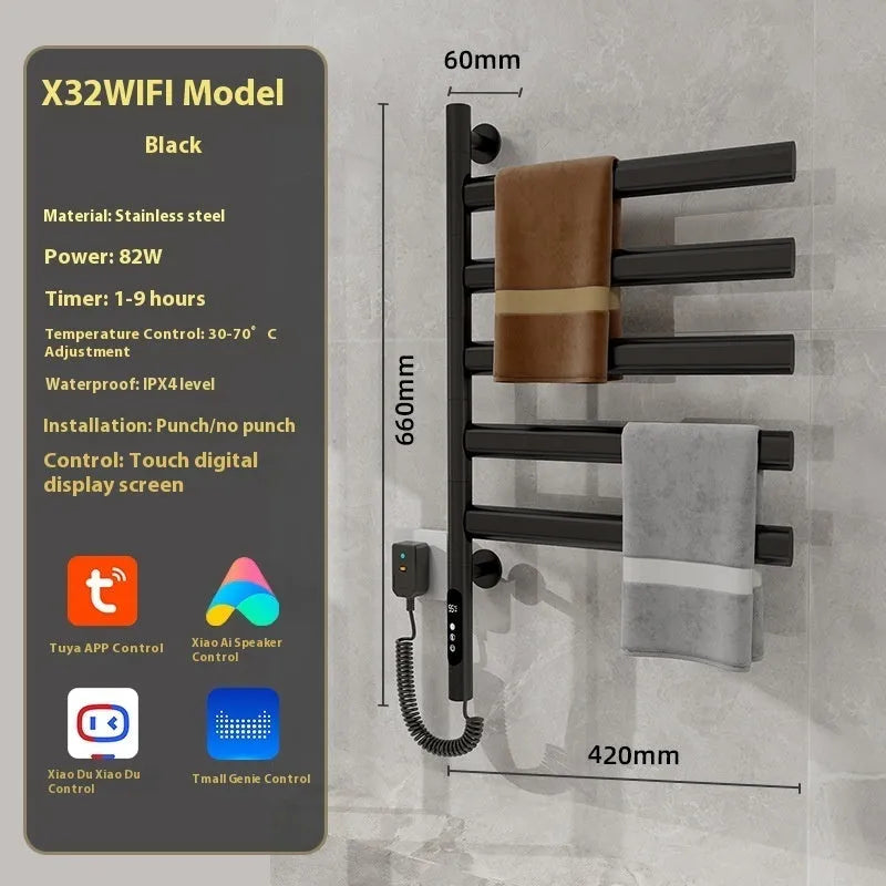 A modern black electric heated towel storage rack with five shelves, mounted on a bathroom wall.