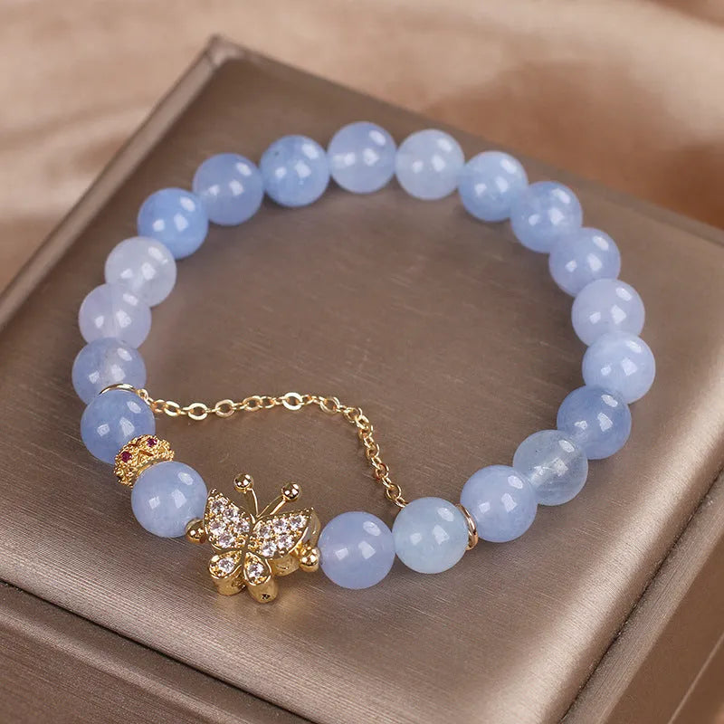 Sky blue butterfly crystal bracelet for women with pearls and rhinestones