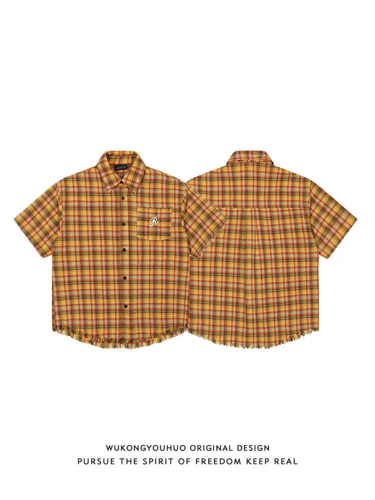 Yellow grid plaid short sleeve shirt with American embroidery pocket, loose fit for men and women