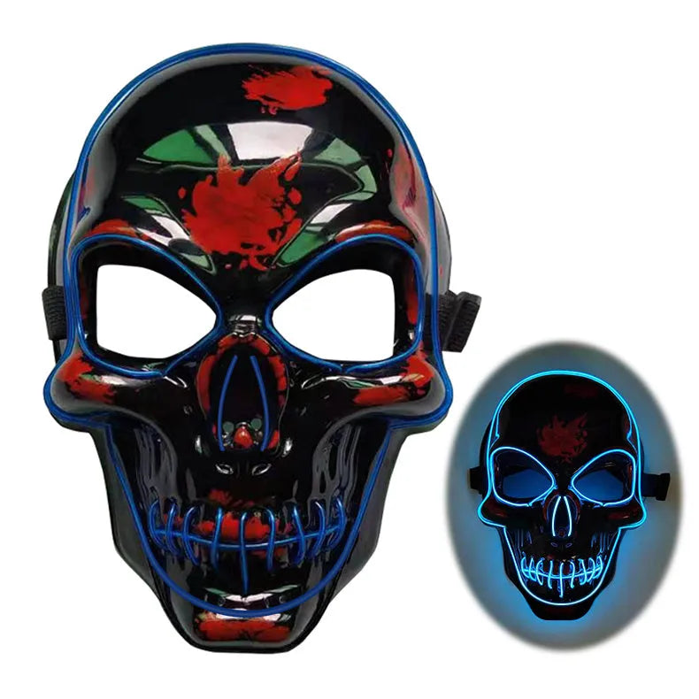 Blue LED skeleton mask with illuminated eyes, nose, and mouth on a person.