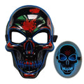 Blue LED skeleton mask with illuminated eyes, nose, and mouth on a person.