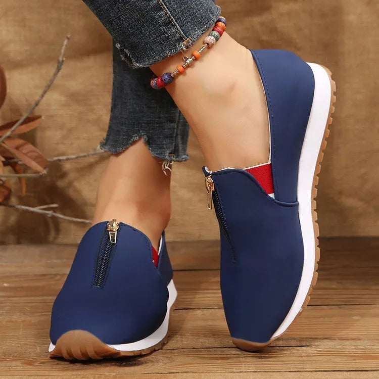 Women's zip flats loafers in red, black or dark blue with round toe and low heel