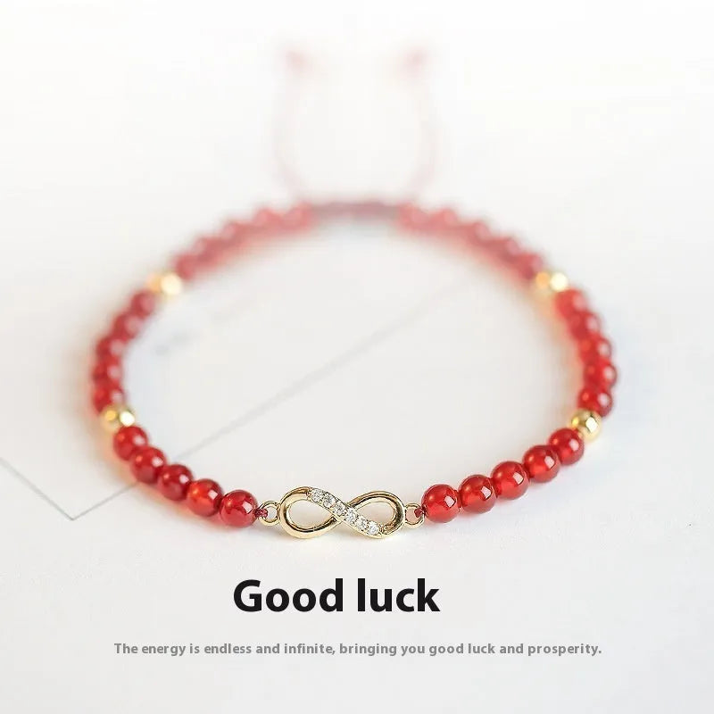 Hand-woven red agate bead bracelet with diamond pattern and lucky charm in ethnic style