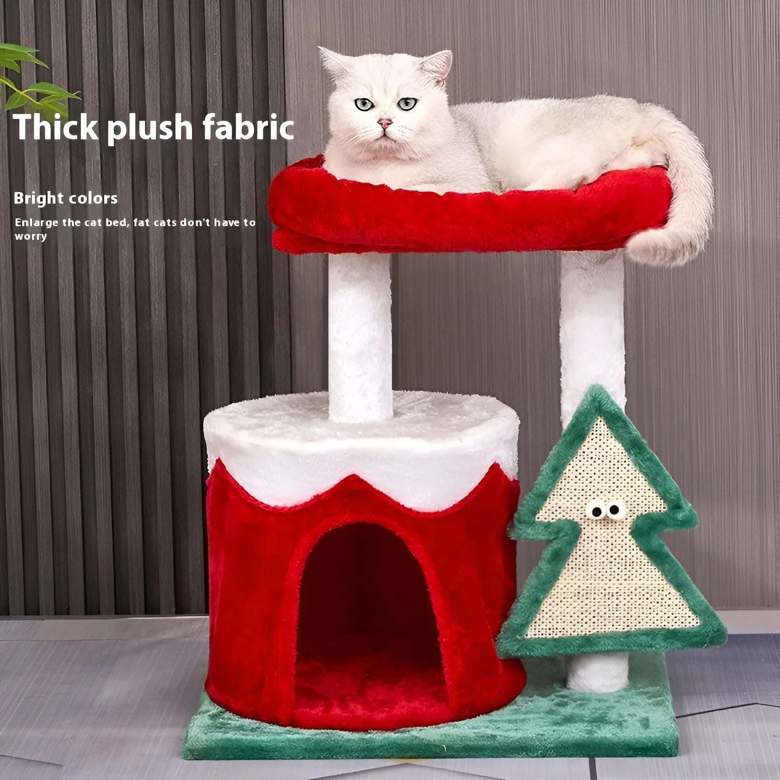 Density plate cat scratch post integrated with play toy in Christmas colour matching pattern