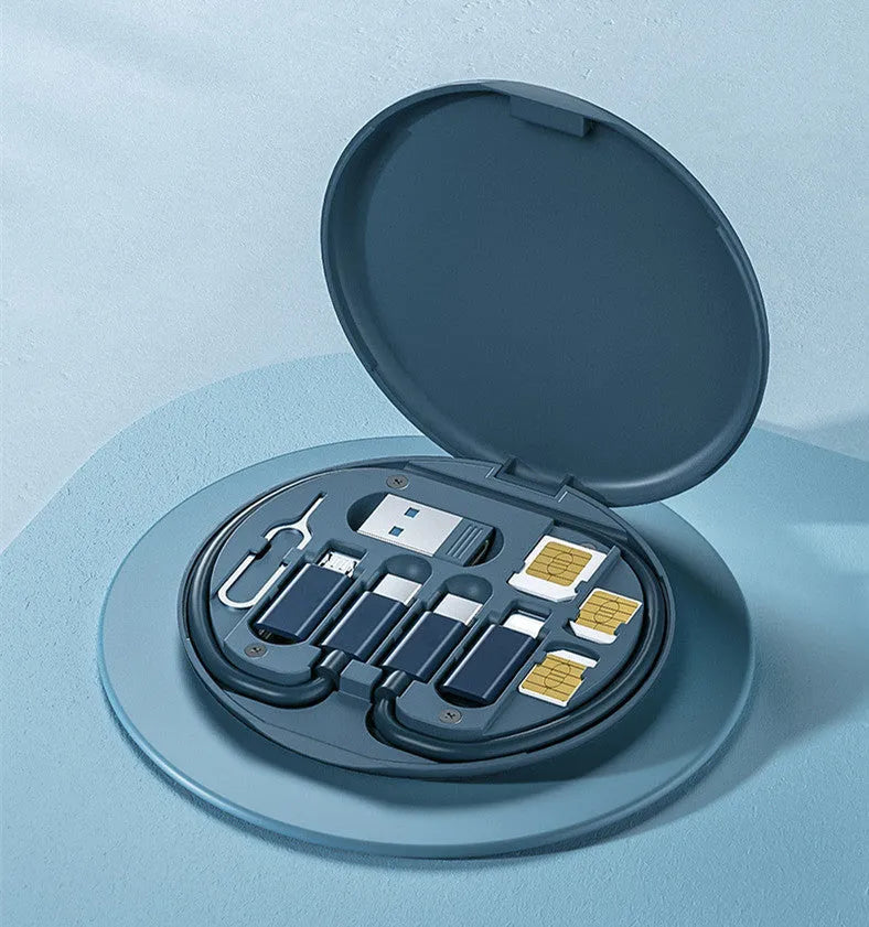 60W multi-function charging cable storage box with USB, Lightning, Micro USB, Type-C, card pin, SIM slot, white blue black