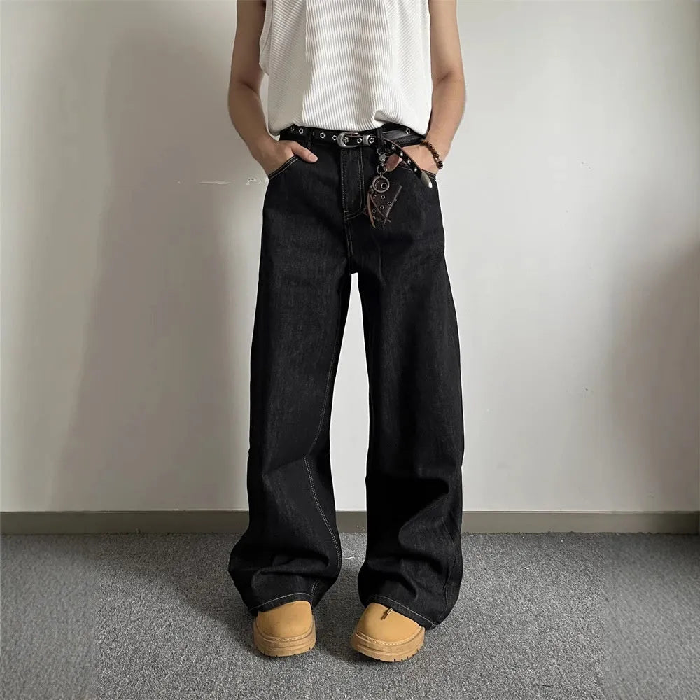 Black retro wide-leg jeans with straight-leg cut and mid waist, featuring zip placket closure