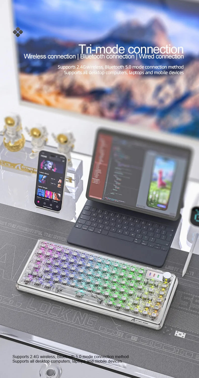 Attack Shark K75RGB wireless mechanical keyboard with transparent RGB lighting in black or white