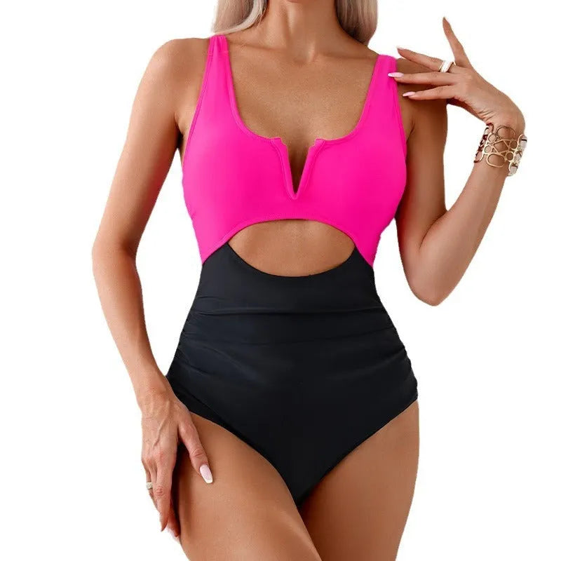 Women's contrast colour one-piece swimsuit in nylon fabric showing colour options