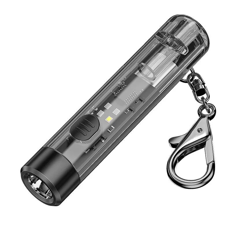 Black portable USB rechargeable outdoor flashlight with charging cable.