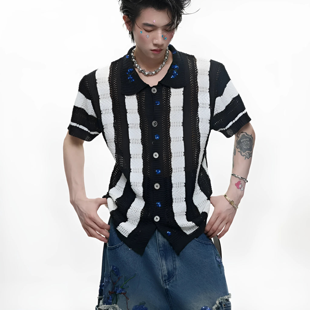 Men's black and red patchwork striped retro knit short sleeved shirt with loose fit