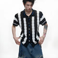 Men's black and red patchwork striped retro knit short sleeved shirt with loose fit
