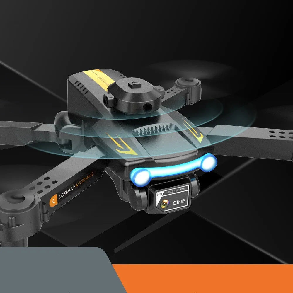 Black or blue dual-lens toy drone with four-channel remote, optional optical flow positioning, and 4K-listed camera