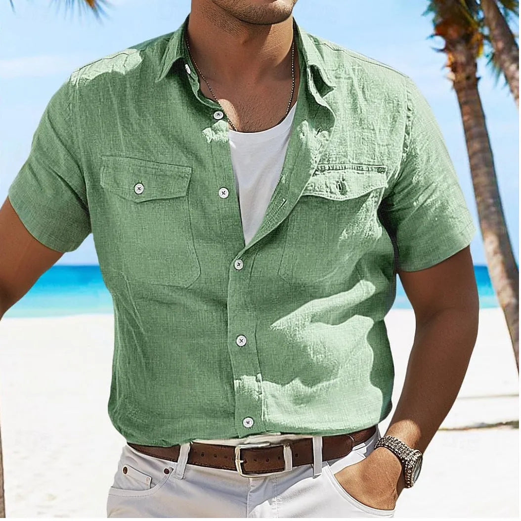 Men's linen summer shirt with polo collar in grey, green, or sky blue, showing loose cardigan style and long sleeves