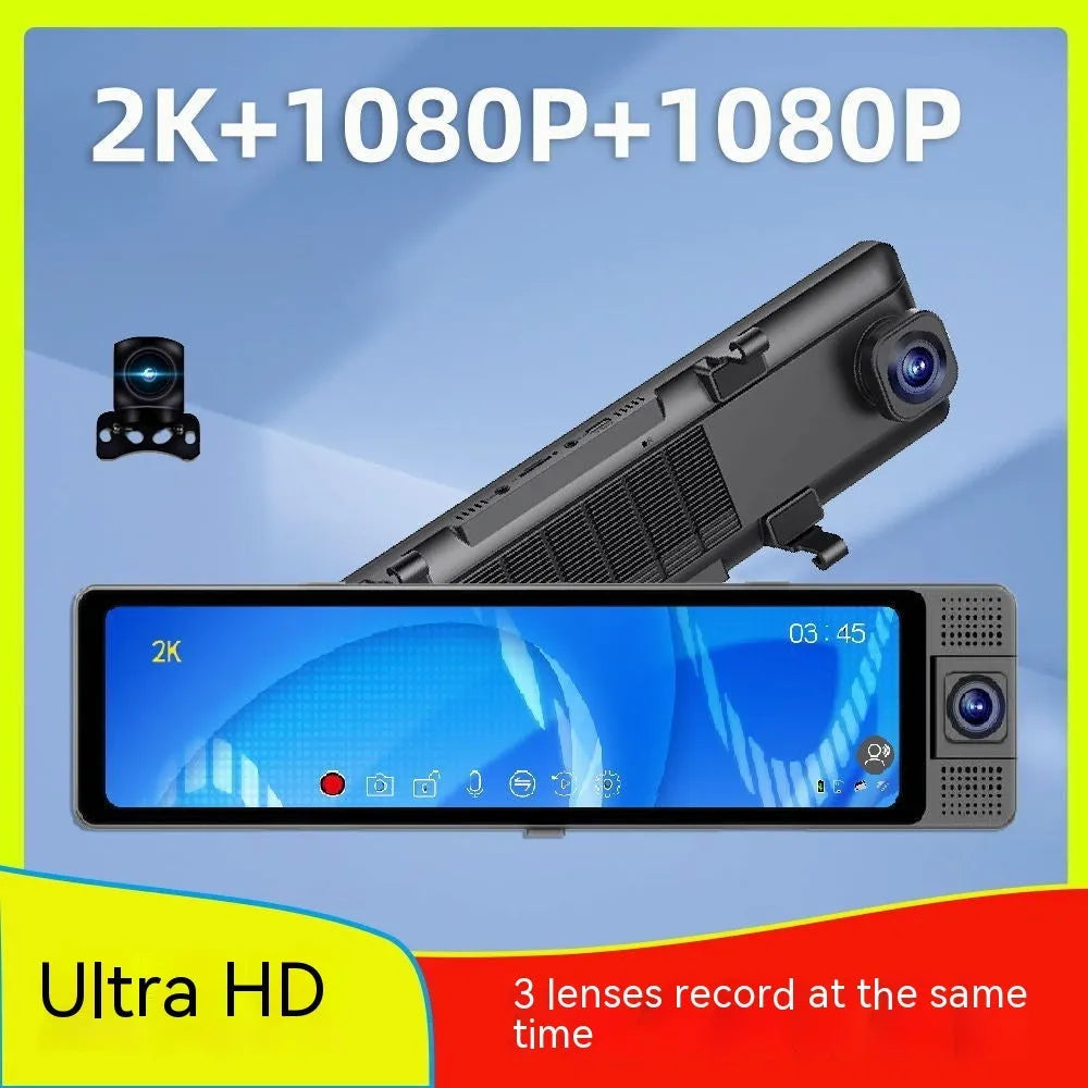 12-inch car rearview mirror dash cam with touchscreen, showing front and rear camera views and a reversing image.