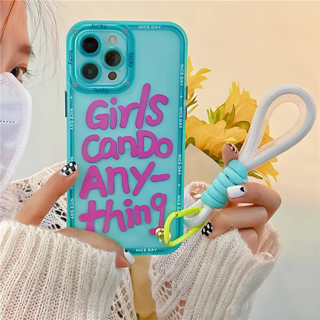 Graffiti design personalised TPU phone case with attached lanyard for Apple iPhone in mint green colour