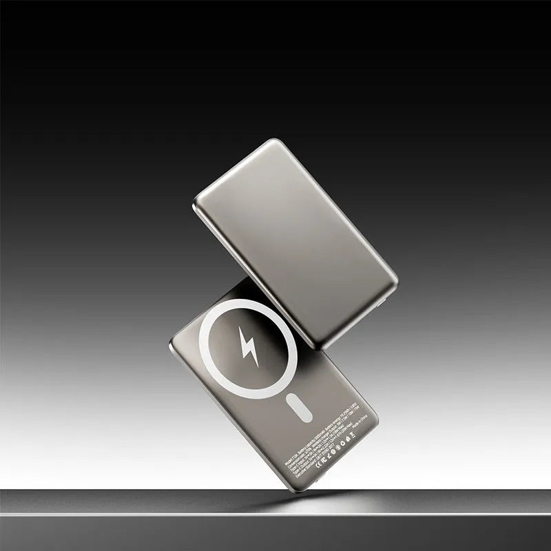 Gun grey magnetic wireless power bank with ultra-thin 9mm alloy shell showing PD20W charging port