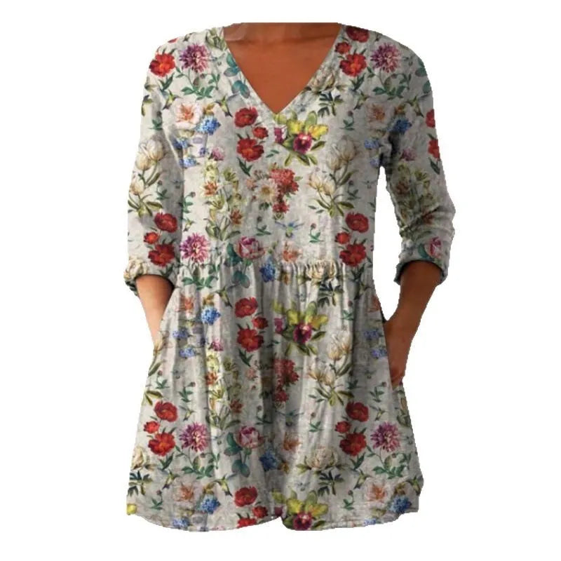 Printed women's wave loose dress with 3/4 sleeves and wide waist design in polyester fabric