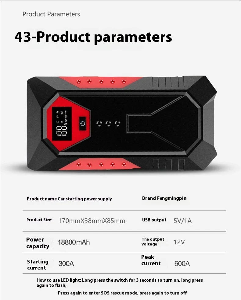 Red 12V car emergency jump starter power bank with battery clamps and 18800mAh capacity