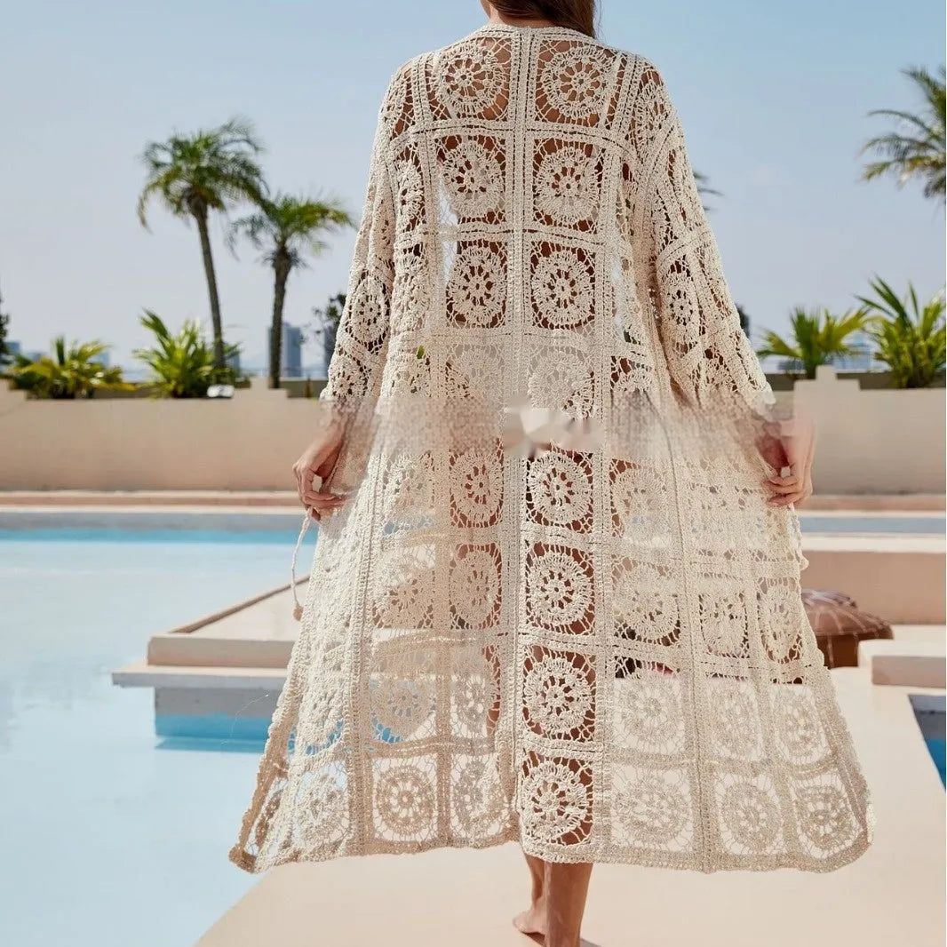 Apricot cotton beach cover-up with embroidery and long sleeves for sun protection