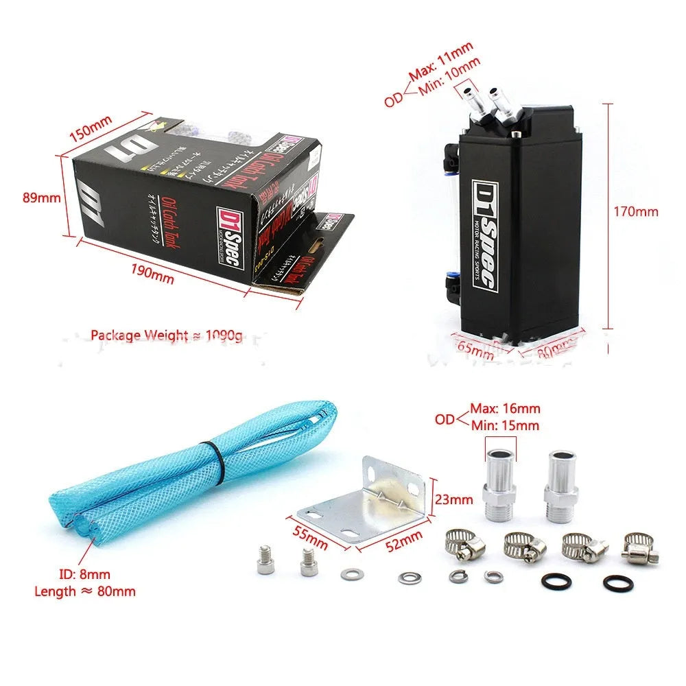 Square and round oil catch tanks for car modification in black, red, silver, and blue colours