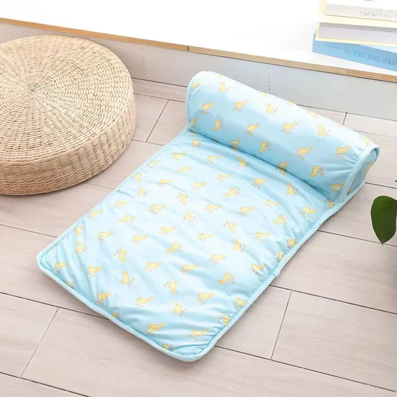 Ice silk cotton blend pet cooling mat in blue colour showing rectangular shape and breathable fabric texture