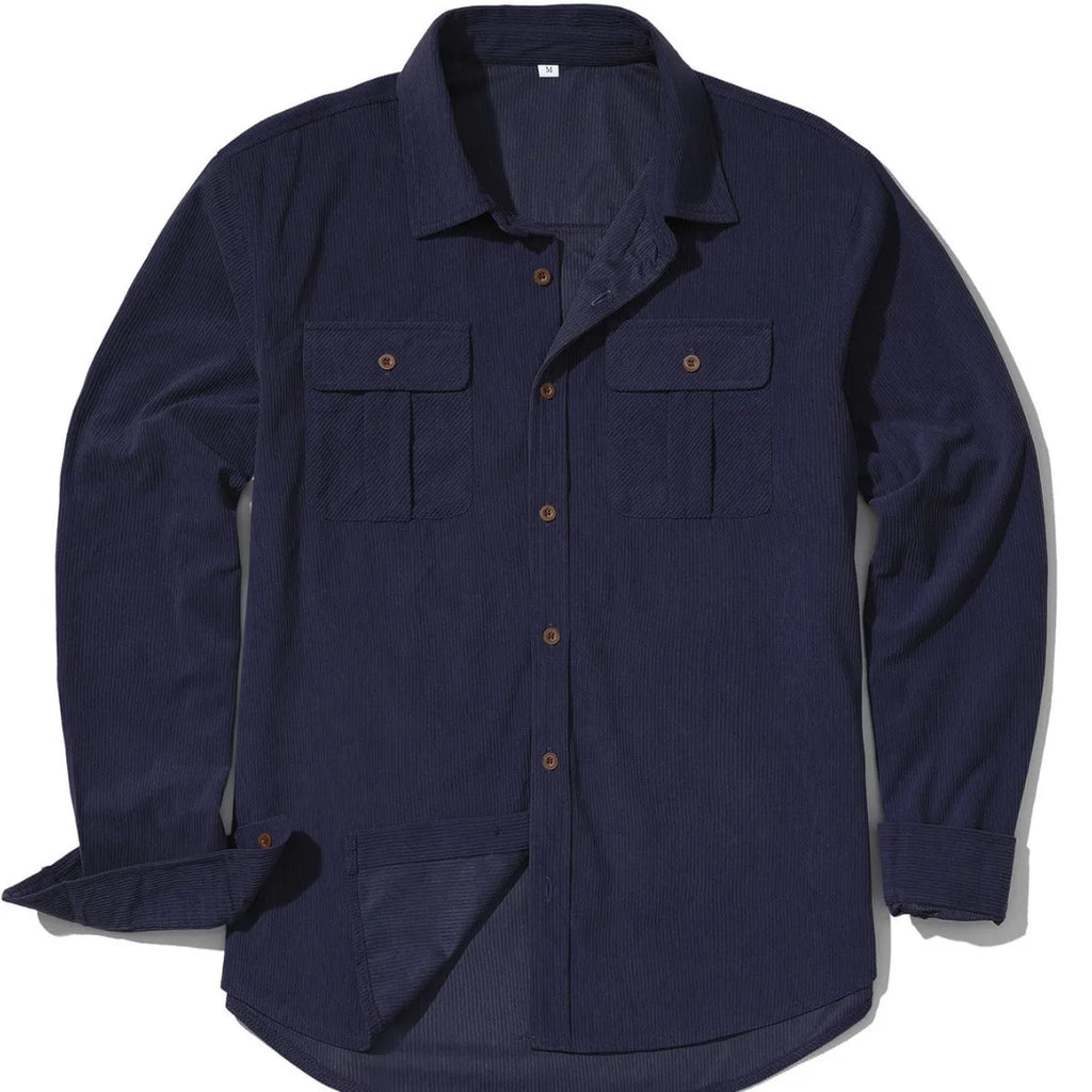 Men's loose-fit corduroy shirt in Japanese retro style with sanded velvet texture, shown in Army Green colour