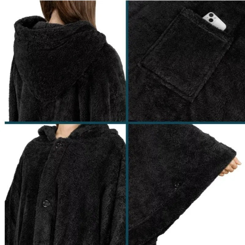 Hooded cloak bathrobe in black with long sleeves and tie belt, made from thick 501-600g/sq m polyester fabric