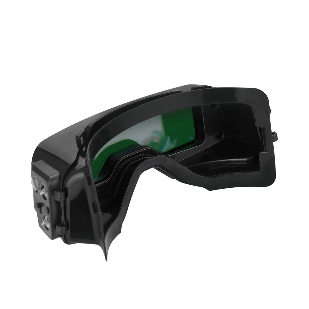 Black automatic welding mask with 122.5x35mm viewing area showing automatic darkening lens and adjustable headgear