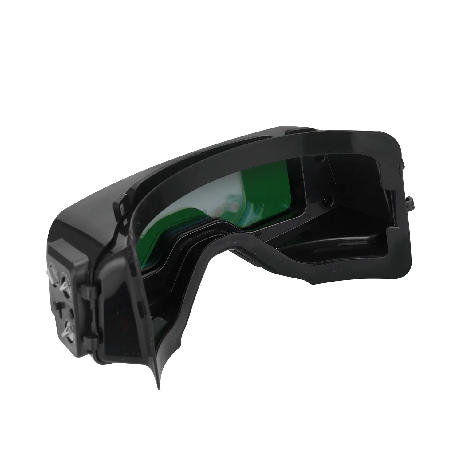 Black automatic welding mask with 122.5x35mm viewing area showing automatic darkening lens and adjustable headgear
